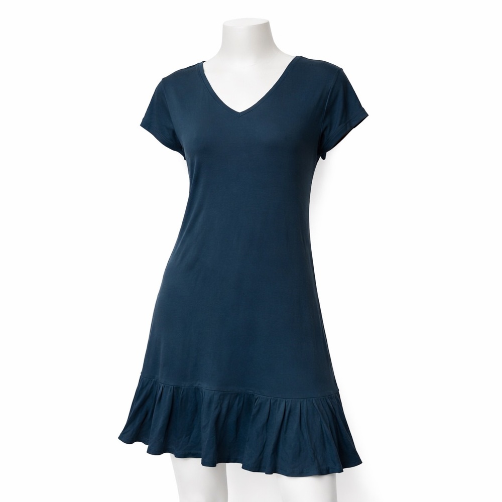 Ecru Cupro Blend Drop Waist Dress L Teal Blue V Neck Ruffle Hem